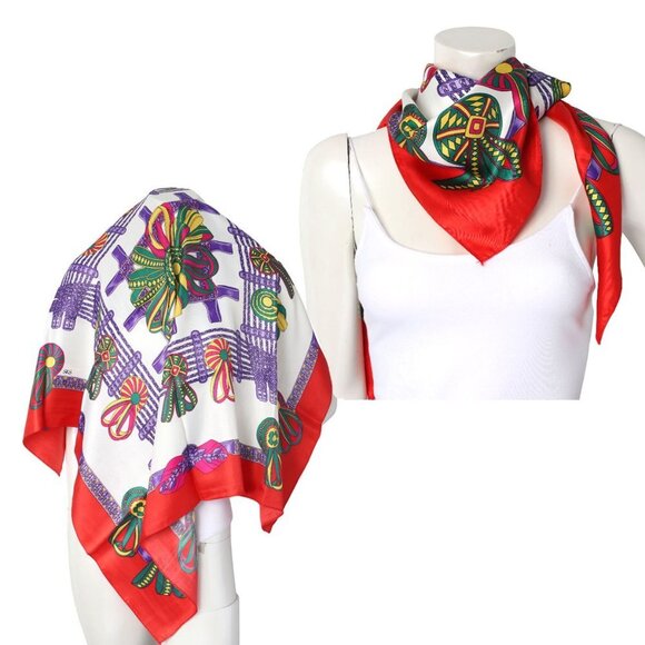 Vintage SKS Ribbon Print Satin Scarf Neck Hair Scarf 1980 Red Blue White Yellow - Picture 1 of 7